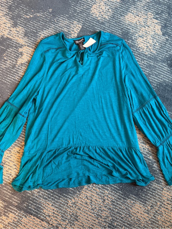 Wrangler Retro Tops - Wrangler Retro Teal Long-Sleeve Peasant Blouse‎ with Keyhole Tie